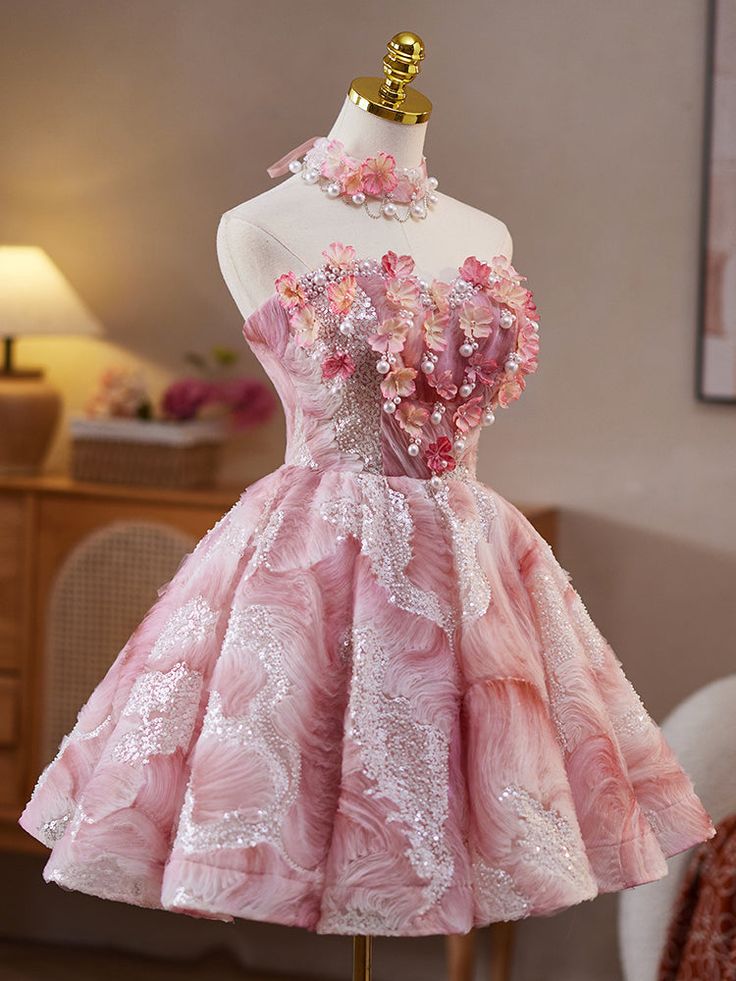 Vestido corto de fiesta rosa sin tirantes, corte A, con lentejuelas y tul, ED02599
