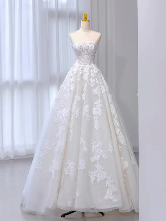 A-Line Tulle Lace Beige Long Prom Dress, Beige Long Formal Dress  ED026