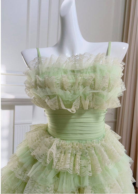 Hermoso vestido de fiesta corto de tul con encaje y corte A sin tirantes, color verde, ED02600