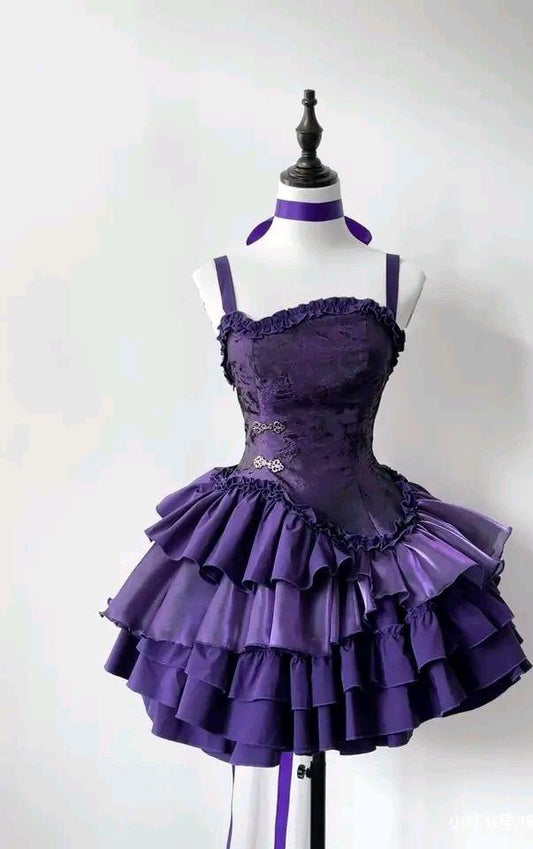 Elegante vestido de fiesta morado con tirantes finos, corte A, corto, para regreso a casa, ED02603