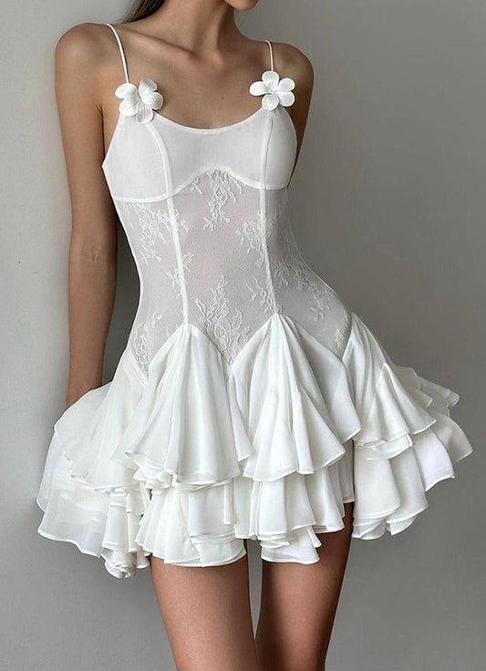 Elegante vestido de fiesta corto de gasa con tirantes finos blancos, corte A, ED02604