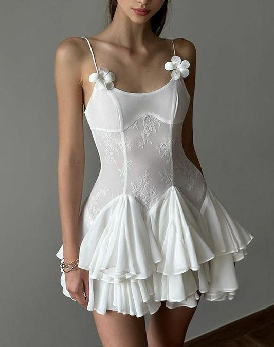 Elegante vestido de fiesta corto de gasa con tirantes finos blancos, corte A, ED02604