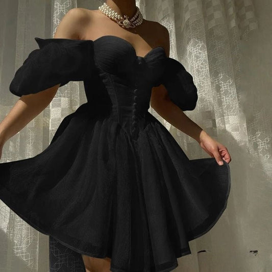 Impresionante vestido de fiesta corto de tul blanco con hombros descubiertos y corte A ED02607