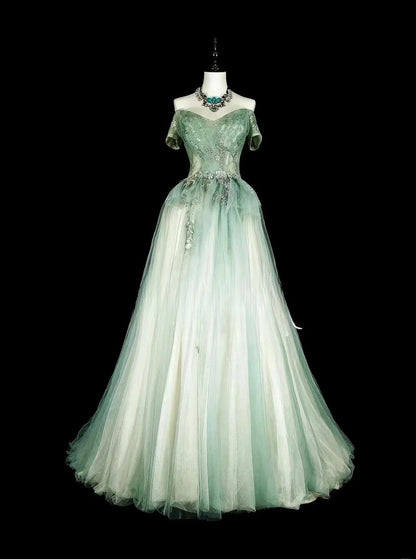Vestidos de fiesta largos de tul con escote en A, color verde dulce, con hombros descubiertos, vestidos de noche formales ED02617