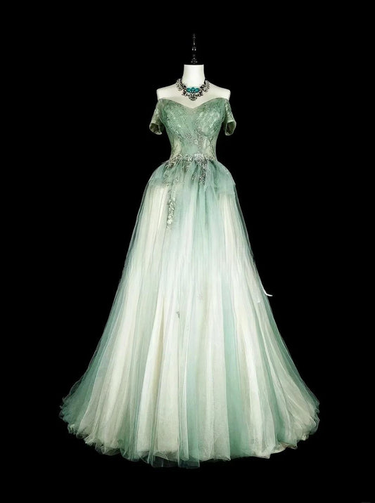 Vestidos de fiesta largos de tul con escote en A, color verde dulce, con hombros descubiertos, vestidos de noche formales ED02617