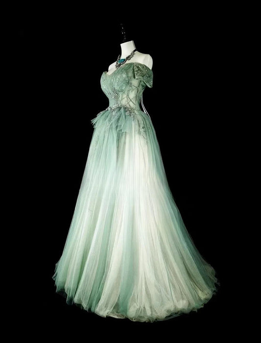 Vestidos de fiesta largos de tul con escote en A, color verde dulce, con hombros descubiertos, vestidos de noche formales ED02617