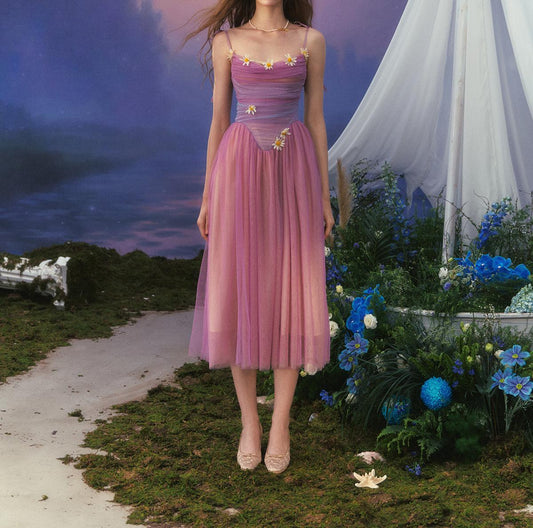 Fairytale Purple A-Line Spaghetti Straps Tulle Prom Dresses Formal Evening Gowns with 3D Appliques ED02622