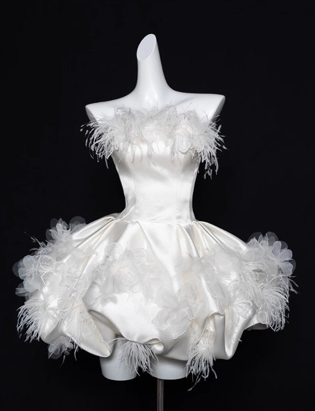 Elegant White Strapless A-Line Satin Short Prom Dresses Homecoming Dress ED02626