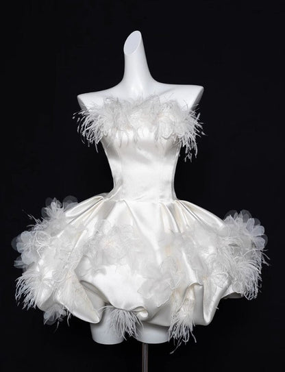 Elegant White Strapless A-Line Satin Short Prom Dresses Homecoming Dress ED02626