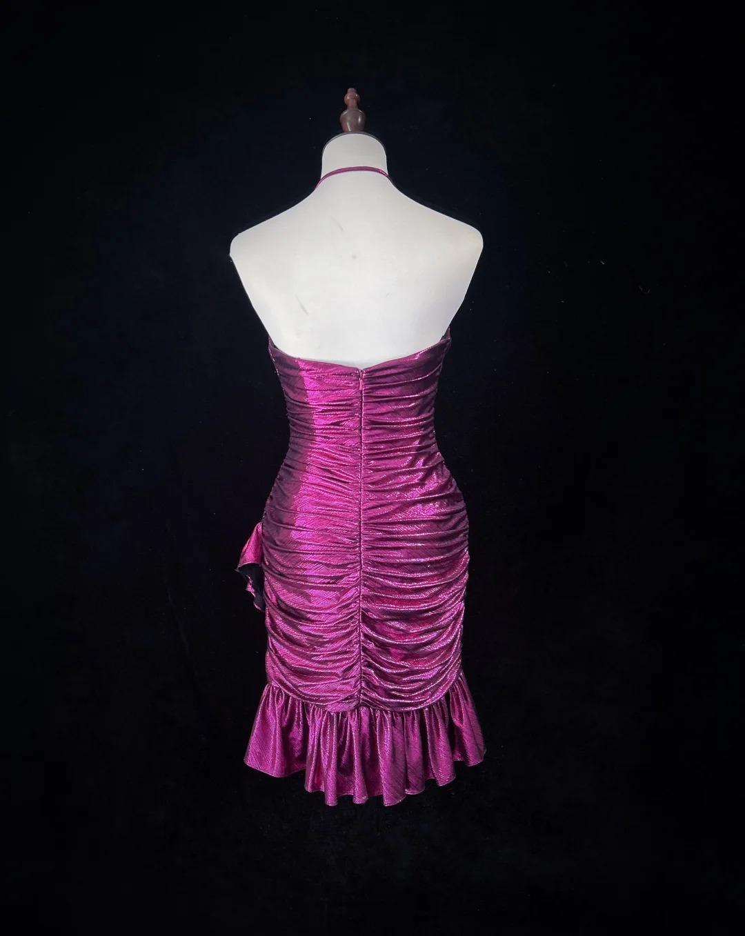 Gorgeous Fuchsia Spaghetti Straps Bodycon Satin Short Prom Dresses Vintage Homecoming Dress  ED02627