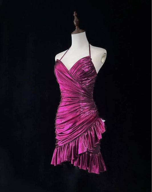 Hermoso vestido de fiesta corto de satén ajustado con tirantes finos fucsia, vestido vintage para regreso a casa ED02627