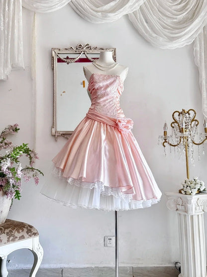Vestido de fiesta corto vintage rosa sin tirantes, corte A, de satén y encaje, ED02632