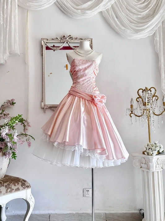 Vestido de fiesta corto vintage rosa sin tirantes, corte A, de satén y encaje, ED02632