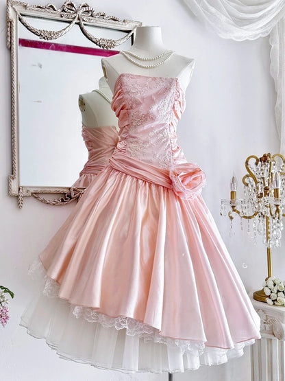Vestido de fiesta corto vintage rosa sin tirantes, corte A, de satén y encaje, ED02632