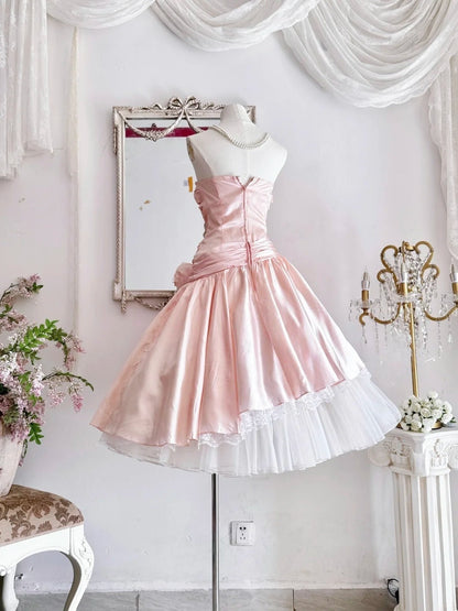 Vestido de fiesta corto vintage rosa sin tirantes, corte A, de satén y encaje, ED02632