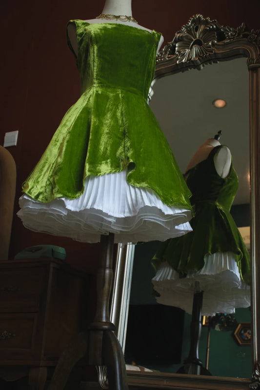 Vestido de fiesta corto de terciopelo verde con escote cuadrado y corte A, ED02633