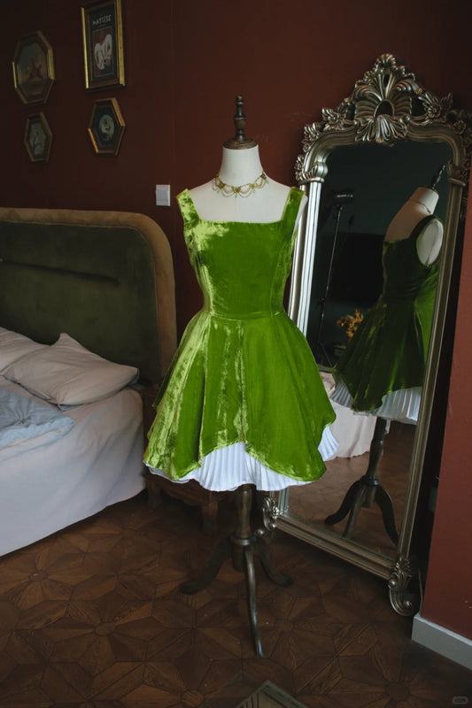 Vestido de fiesta corto de terciopelo verde con escote cuadrado y corte A, ED02633