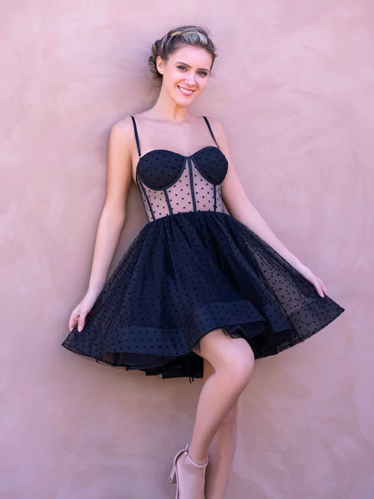 Vestido de fiesta corto de tul con tirantes finos y lunares negros, corte A, para regreso a casa, ED02639