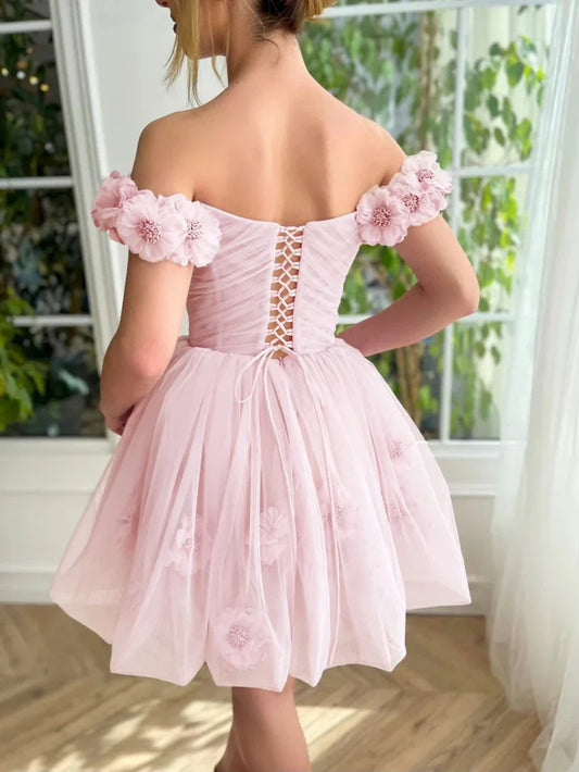 Elegante vestido de fiesta corto de tul rosa con hombros descubiertos, corte A, para regreso a casa ED02641