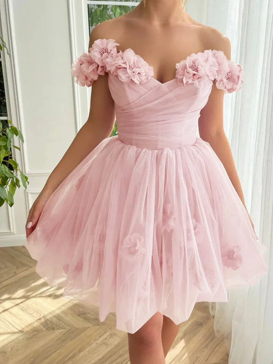 Elegante vestido de fiesta corto de tul rosa con hombros descubiertos, corte A, para regreso a casa ED02641