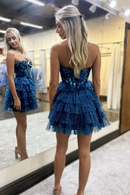 Vestido de fiesta corto de tul con escote en forma de A y brillo azul con espejo ED02643