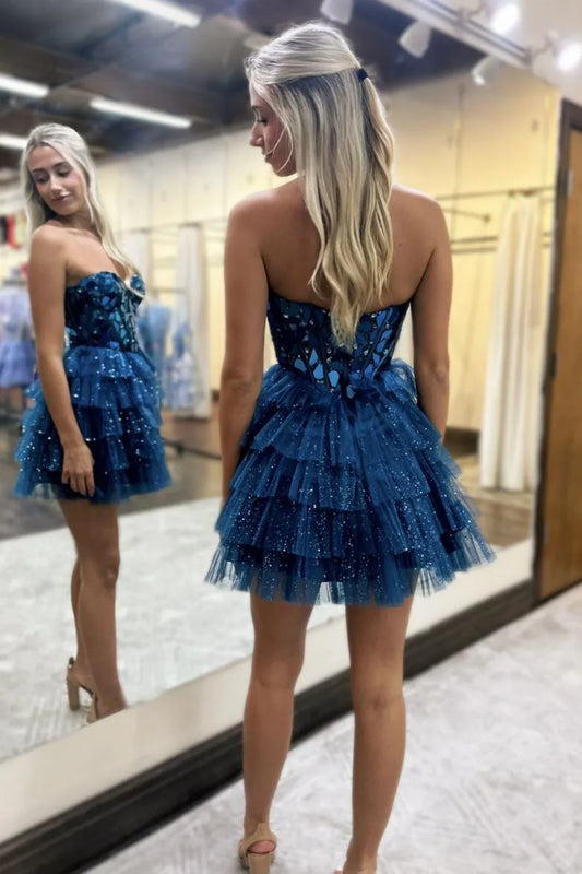 Vestido de fiesta corto de tul con escote en forma de A y brillo azul con espejo ED02643