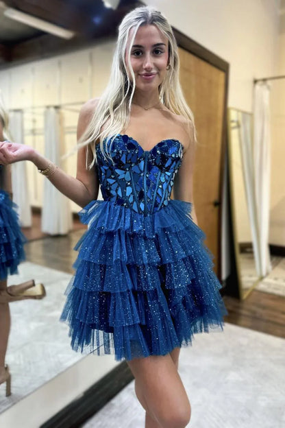 Vestido de fiesta corto de tul con escote en forma de A y brillo azul con espejo ED02643