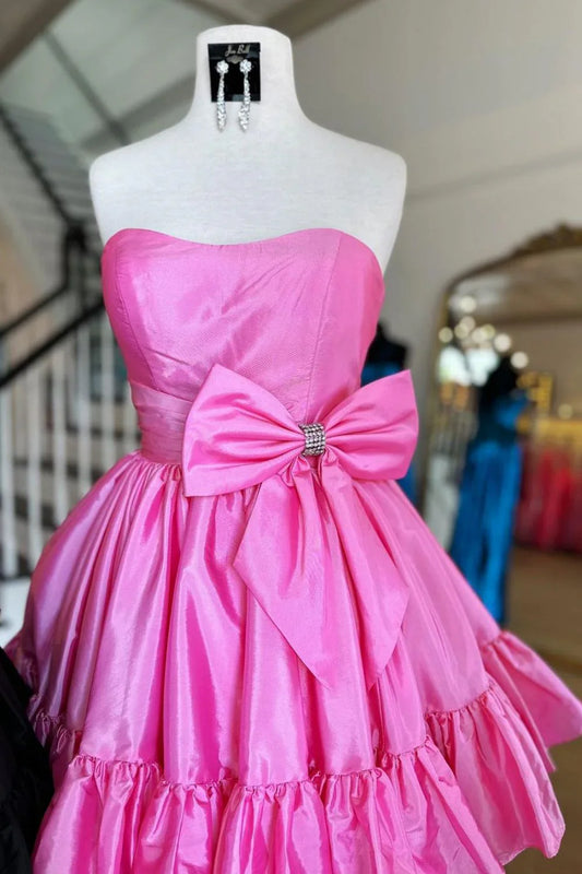 Vestido de fiesta corto de satén rosa dulce sin tirantes, corte A, con lazo, ED02644