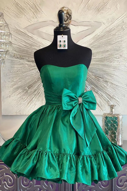Vestido de fiesta corto de satén rosa dulce sin tirantes, corte A, con lazo, ED02644