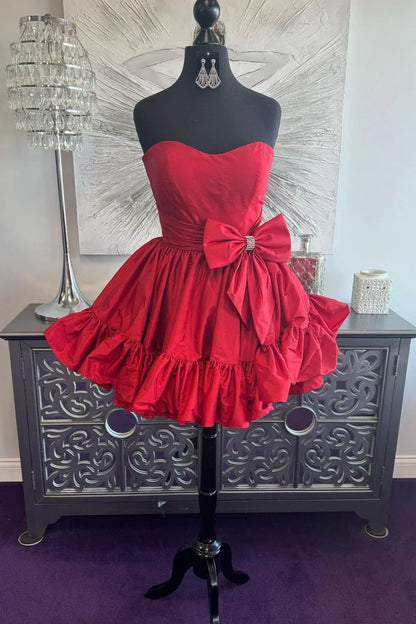 Vestido de fiesta corto de satén rosa dulce sin tirantes, corte A, con lazo, ED02644