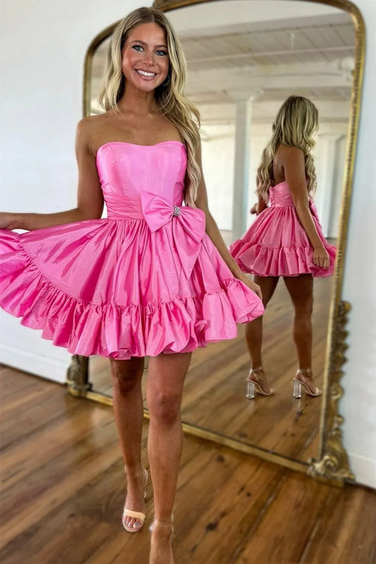 Vestido de fiesta corto de satén rosa dulce sin tirantes, corte A, con lazo, ED02644