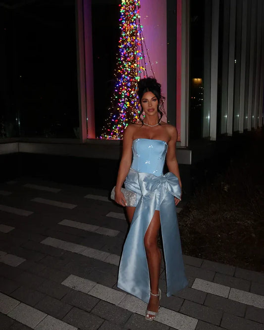 Big Blue Bow Sheath Strapless Satin Short Homecoming Dress Cocktail Dress SH3805
