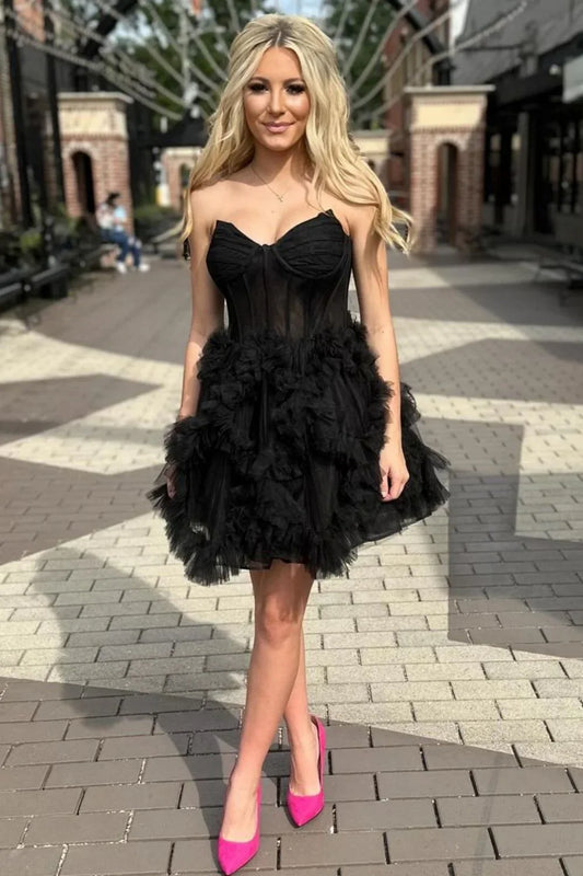 Vestido de fiesta corto de tul, sencillo, negro, sin tirantes, corte A, para regreso a casa, ED02651
