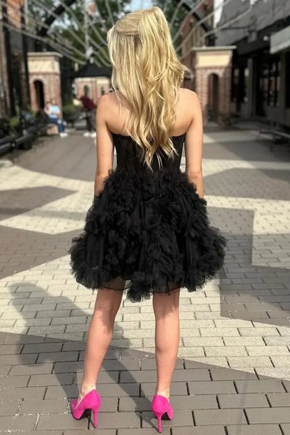 Vestido de fiesta corto de tul, sencillo, negro, sin tirantes, corte A, para regreso a casa, ED02651