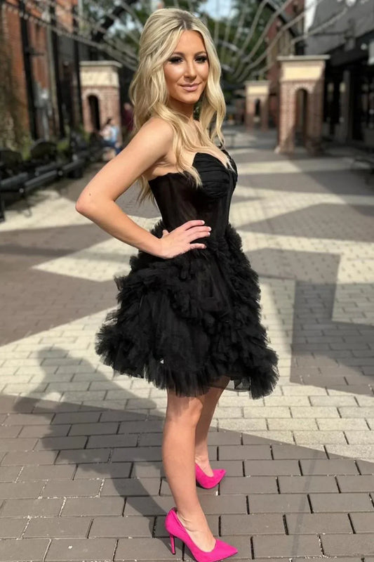 Vestido de fiesta corto de tul, sencillo, negro, sin tirantes, corte A, para regreso a casa, ED02651