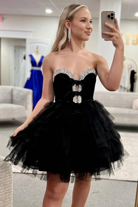 Elegante vestido de fiesta corto de tul con escote corazón negro y corte A con diamantes ED02652