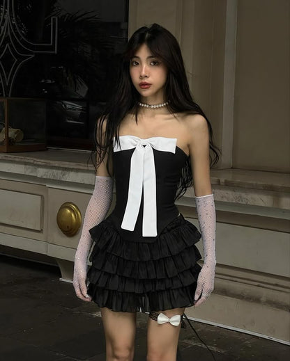 Vestido de fiesta corto de satén, sexy, negro, sin tirantes, corte A, con lazo, ED02653