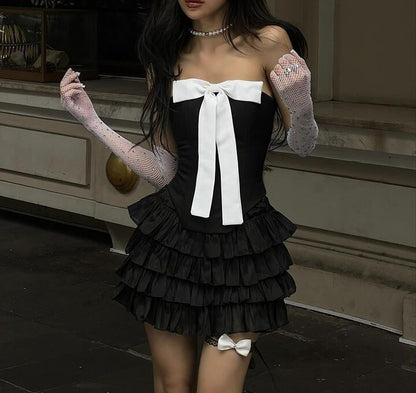 Vestido de fiesta corto de satén, sexy, negro, sin tirantes, corte A, con lazo, ED02653
