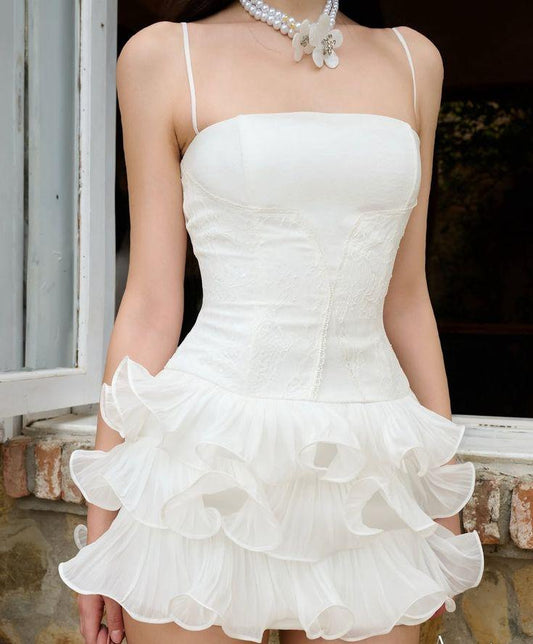 Vestido de fiesta corto de tul con encaje y tirantes finos en blanco, corte A, ED02654