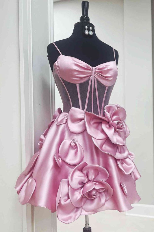 Vestido de fiesta corto de satén con tirantes finos en amarillo, corte A, apliques, bonito vestido de bienvenida ED02669