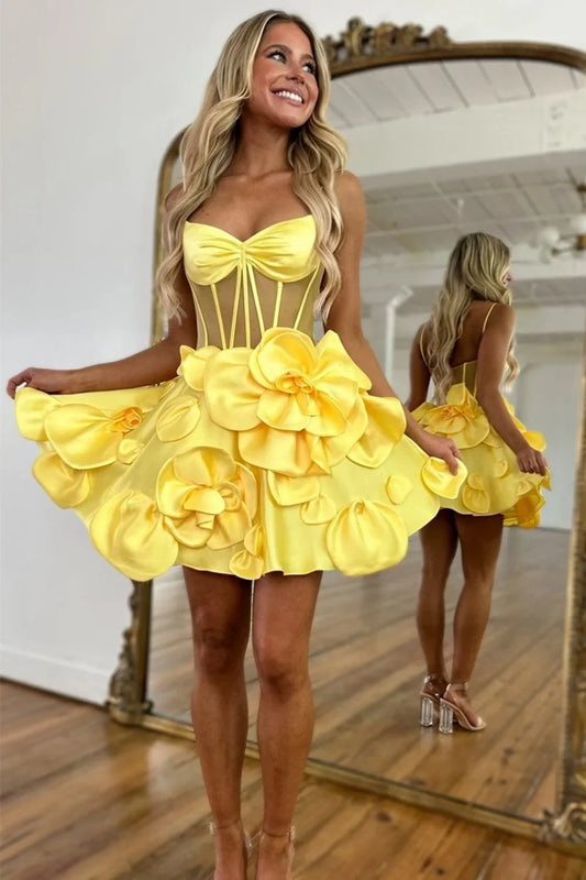Vestido de fiesta corto de satén con tirantes finos en amarillo, corte A, apliques, bonito vestido de bienvenida ED02669