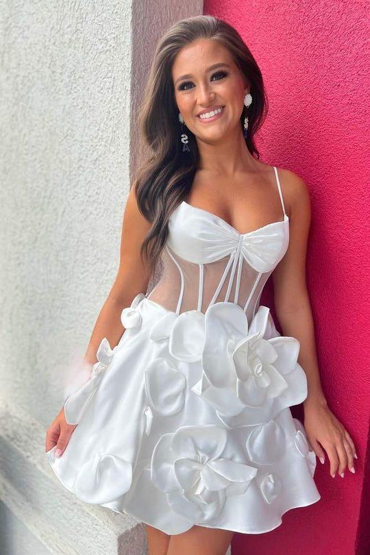 Vestido de fiesta corto de satén con tirantes finos en amarillo, corte A, apliques, bonito vestido de bienvenida ED02669