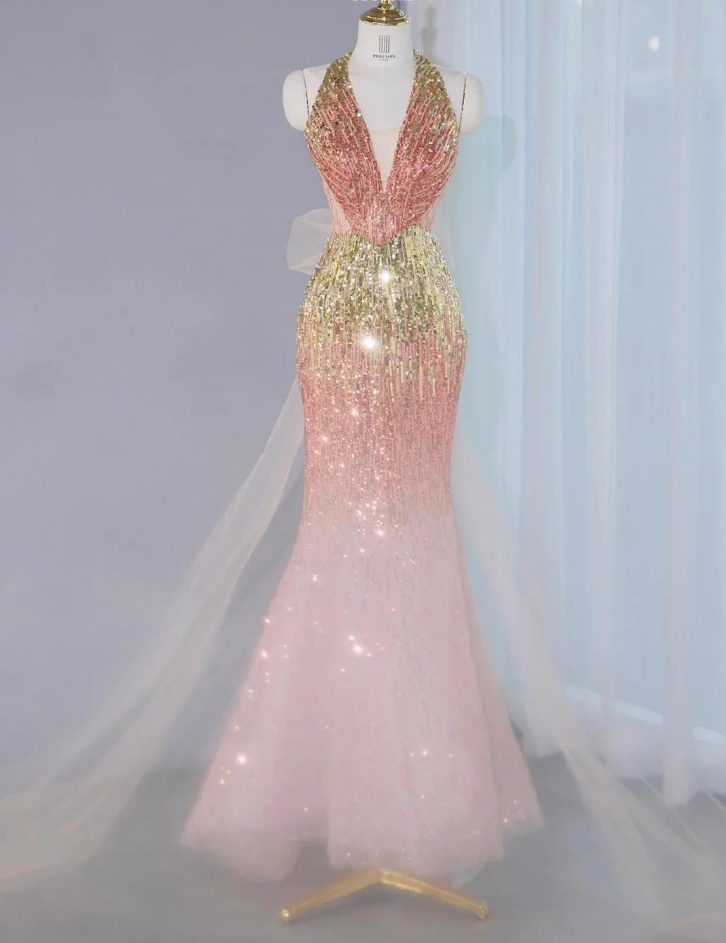 Hermoso vestido de fiesta largo con escote en V, tul color melocotón degradado, sirena, lentejuelas doradas, vestido de noche formal glamuroso ED02670