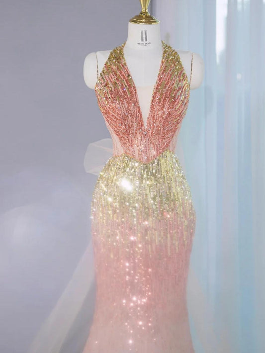 Hermoso vestido de fiesta largo con escote en V, tul color melocotón degradado, sirena, lentejuelas doradas, vestido de noche formal glamuroso ED02670