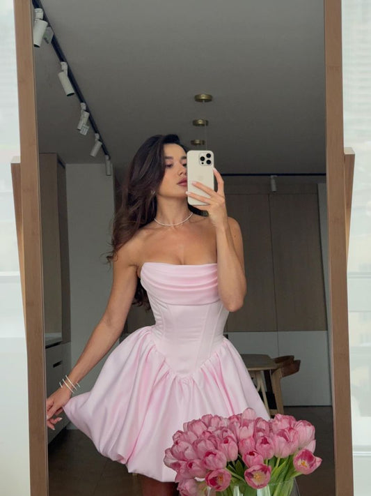 Vestido de fiesta corto de satén rosa dulce sin tirantes, corte A, elegante, para regreso a casa, ED02672