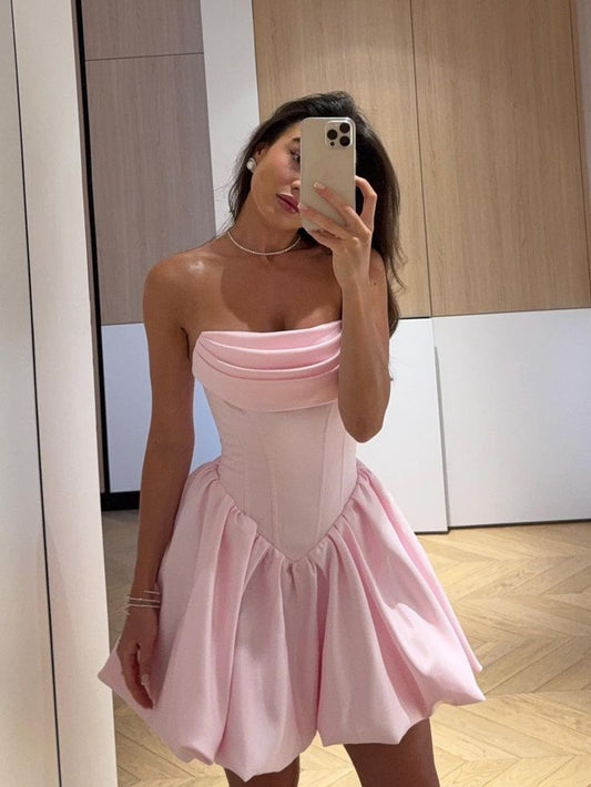 Vestido de fiesta corto de satén rosa dulce sin tirantes, corte A, elegante, para regreso a casa, ED02672
