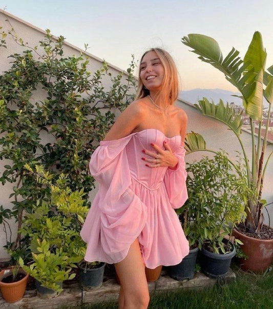 Elegante vestido de fiesta corto de gasa con escote en forma de A, color rosa, manga larga, ED02673