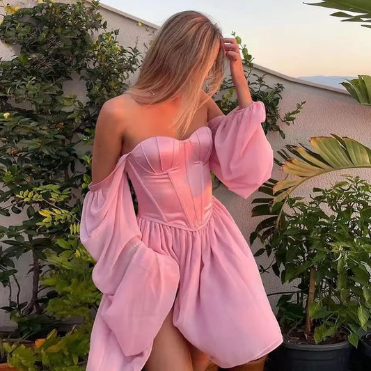 Elegante vestido de fiesta corto de gasa con escote en forma de A, color rosa, manga larga, ED02673