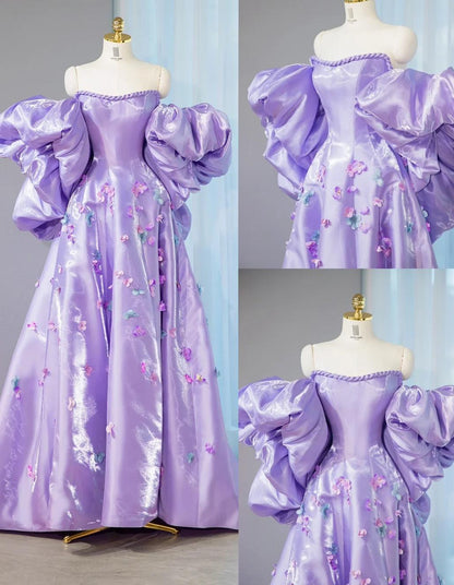 Fairytale Purple Off-shoulder A-Line Satin Long Prom Dresses Sweet Evening Gowns With Appliques ED02678
