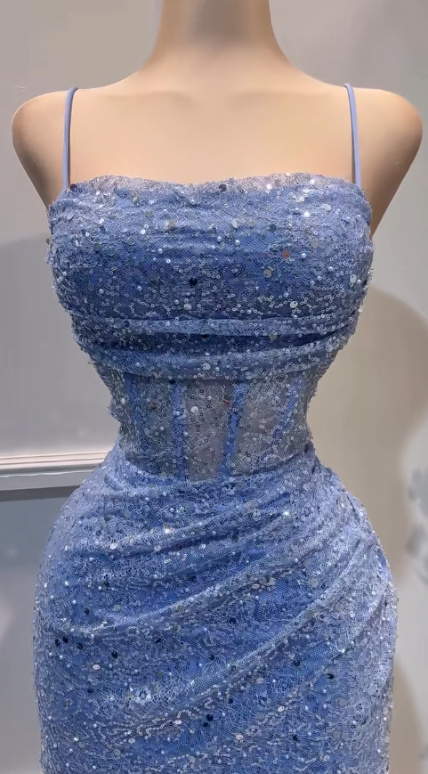 Vestido corto de fiesta de cumpleaños con lentejuelas y tirantes finos en azul brillante, ajustado, de tul y encaje, ED02686